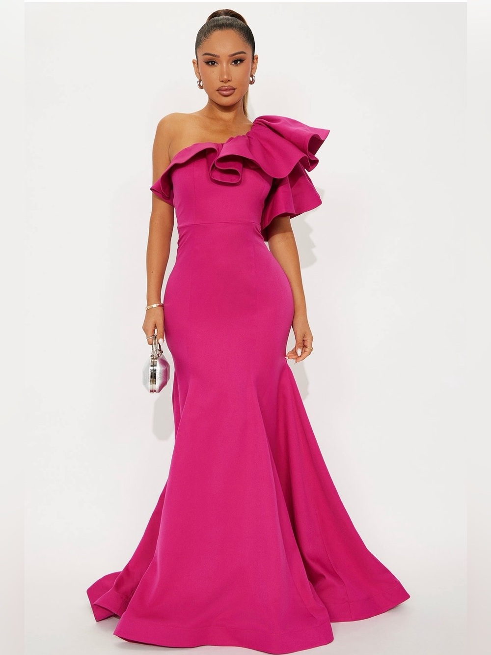 One-Shoulder Ruffle Fuchsia Evening Gown